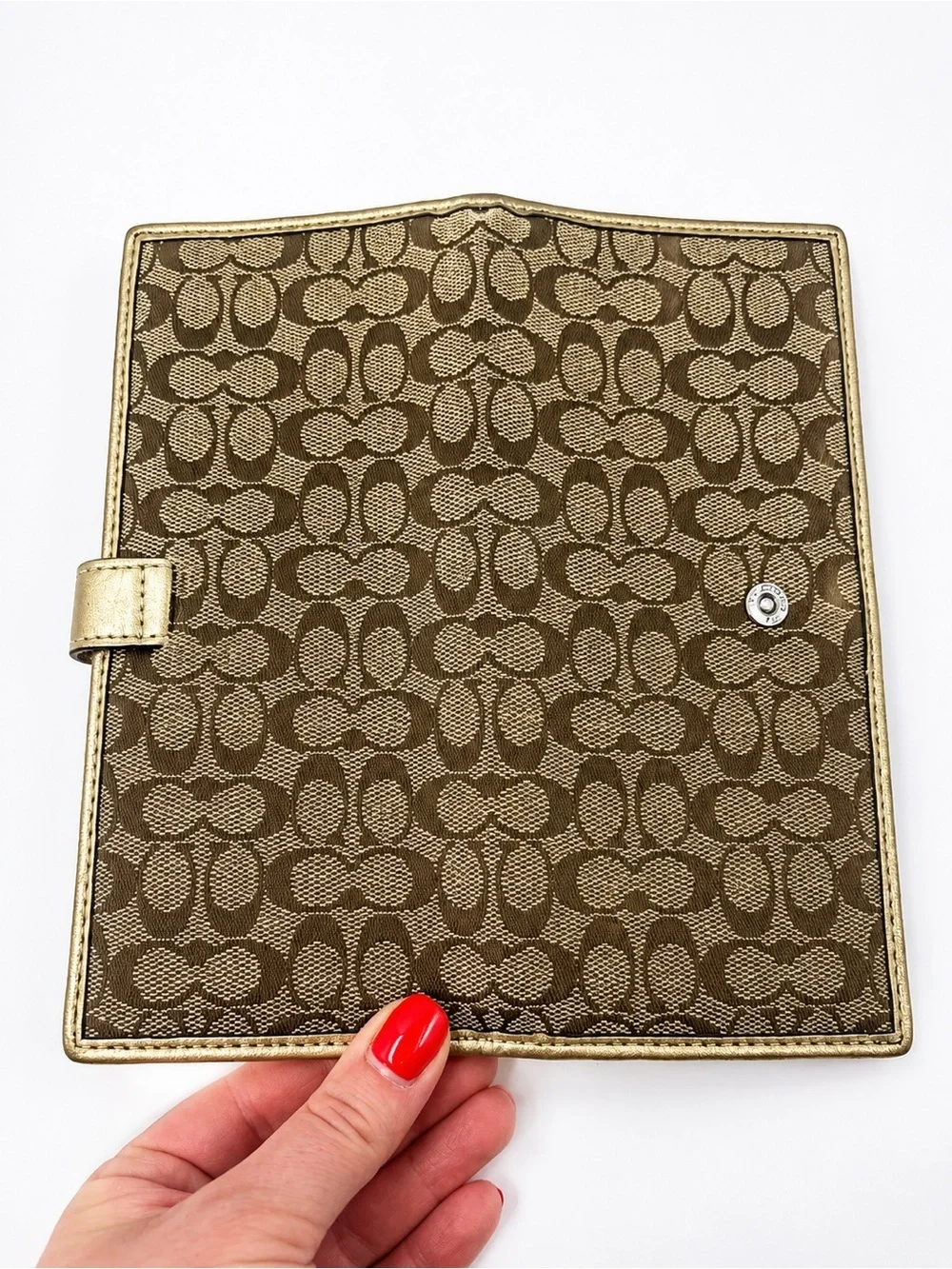Coach Signature Tan Canvas Gold Leather Trim Credit Card Bifold Wallet